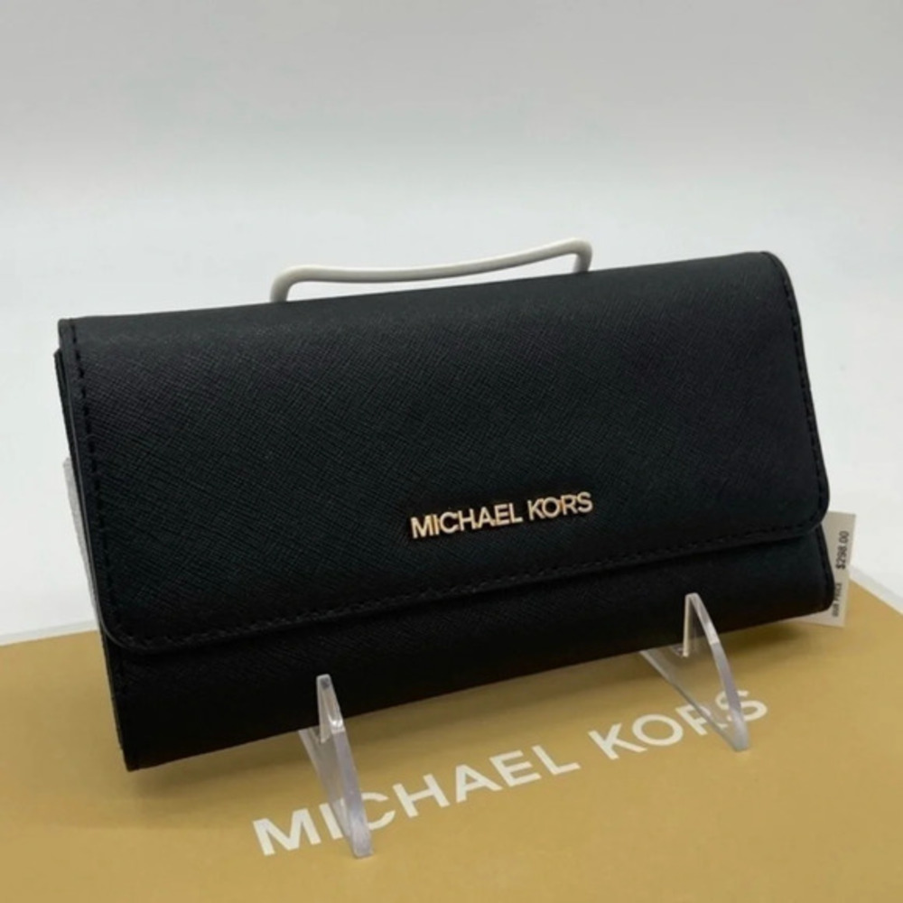 Michael Kors Large Trifold Wallet Black Leather Rich Black/Gold